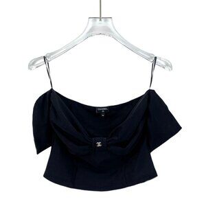 Chanel Black Off-Shoulder Camisole With Logo Bow Detail Size 36 XS Made In Italy